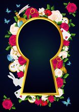 Red Roses And White Roses, A Clock And A Key, A White Rabbit, A Potion, A Cup Of Tea And Butterflies. Background Of Wonderland. Rose Flower Frame And Gold Keyhole. Vector Illustration