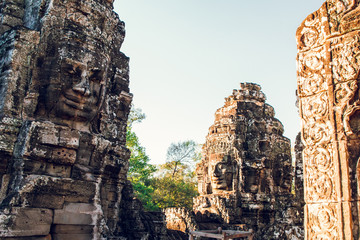 Angkor Thom Temple smiling faces. Bayon temple. Cambodia Siem Reap.