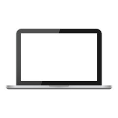 Poster - Modern laptop isolated on white background. Realistic silver glossy open notebook. White blank laptop screen with glare. Desktop pc. Frame computer for internet, technology, design, business. Vector.