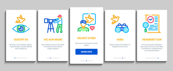 Poster - Bird Watching Tourism Onboarding Mobile App Page Screen Vector. Bird Watching Photo Camera And Binocular Equipment, Traveler Tourist, Map And Book Linear Pictograms. Color Contour Illustrations