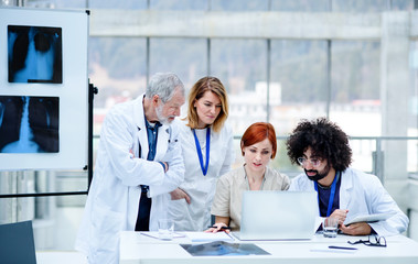 Group of doctors talking about corona virus on conference.