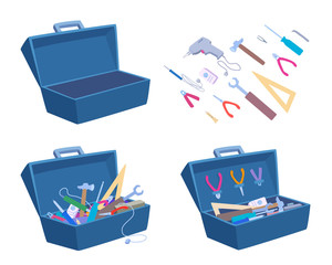 Wall Mural - An empty and a full toolbox. Working tools, open box, instrument collection icons. Vector cartoon illustration set isolated on a white background.