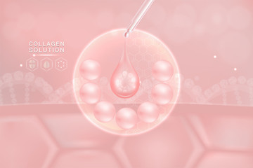 Hyaluronic acid skin solutions ad, pink collagen serum drop with cosmetic advertising background ready to use, illustration vector.