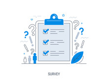 Survey. Vector Illustration. Flat Concept With Quality Test And Satisfaction Report. Feedback From Customers Or Opinion Form