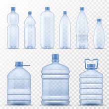 Realistic water bottle. Empty plastic containers for mineral, carbonated and soft beverages, gallon cooler jugs with lids 3d vector set