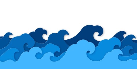 paper sea waves. blue water wave paper cut decor, marine landscape with curly waves ocean. origami s