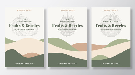 Wall Mural - Aroma candle vector labels template set. Fruits and berries scent from local purveyors advert design. Sketch background layout with abstract waves decor. Natural smell product package text space