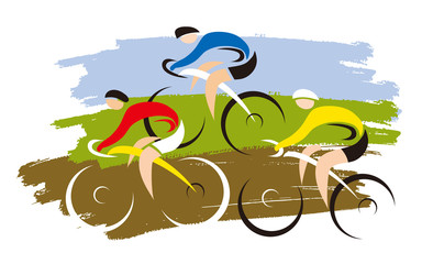 Wall Mural - Cyclocross mountain bike, cyclists. Expressive stylized drawing of three cyclists on grunge background. Vector available.