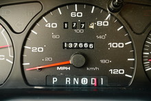 Fuel Gauge, Vehicle Engine Temperature, Miles Per Hour Speed Indicator, And Revolutions Per Minute Indicator On A Vehicle Dashboard