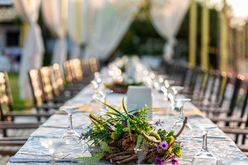 Wedding organization decoration, with branches of greenery, stands on the green lawn in the wedding area