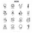 Angina symptoms. Bacteria, sore throat, weakness, headache, fever, antibiotics, coughing, throat spray, enlarged lymph nodes, airborne infection. Thin line icons set. Vector illustration.