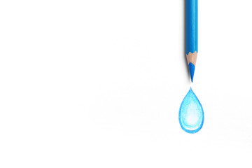 Poster - Drawing of water drop and light blue pencil on white background, top view