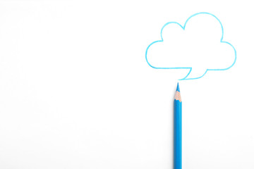 Poster - Drawing of cloud and light blue pencil on white background, top view