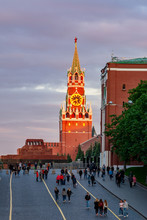 Spasskaya Tower Of Moscow Kremlin And Lenin Mausoleum On Red Square At Sunset, Russia