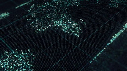Poster - Abstract continents formed by rows of tiny cells with crossed straight lines flowing on black background, seamless loop. Animation. Futuristic searching system.