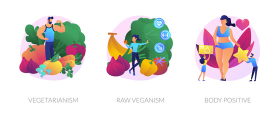 Sticker - Healthy vegan lifestyle, natural and organic nutrition, self acceptance icons set. Vegetarianism, raw veganism, body positive metaphors. Vector isolated concept metaphor illustrations