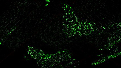 Poster - Digital background with world map formed by dots and blinking cells, technology presentation concept. Animation. Green flowing continents on black background, seamless loop.