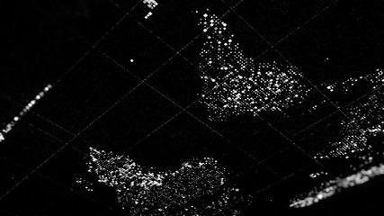 Poster - Global technology world map formed by blinking small particles on black background, seamless loop. Animation. Motion graphics with shiny particles in the shape of continents, monochrome.