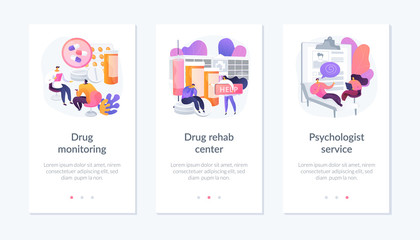 Addiction treatment, narcotic addict medication, recovery and rehabilitation. Drug monitoring, drug rehab center, psychologist service metaphors. Mobile app UI interface wireframe template.