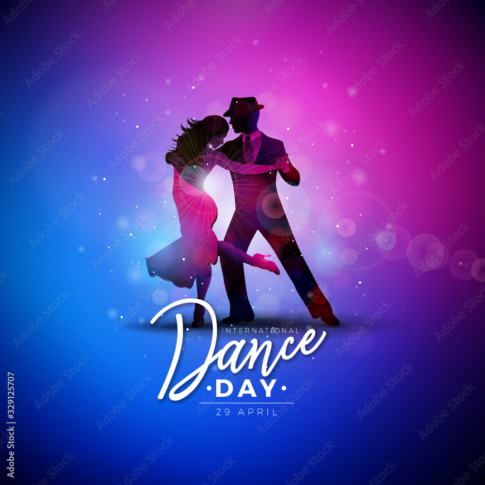 International Dance Day Vector Illustration with tango dancing couple on shiny colorful background. Design template for banner, flyer, invitation, brochure, poster or greeting card. - obrazy, fototapety, plakaty 