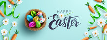 Easter Poster And Banner Template With Fower, Carrots And Easter Eggs In The Nest On Table.Greetings And Presents For Easter Day In Flat Lay Styling.Promotion And Shopping Template For Easter Day