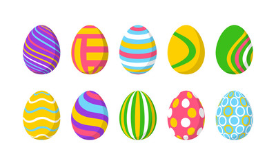 Set of 10 color Easter Eggs with pattern. Design elements for holiday cards. Easter collection with different texture. Cartoon flat style Vector illustration