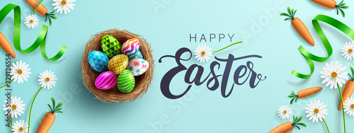 Fotografía Easter poster and banner template with Fower, carrots and Easter eggs in the nest on table