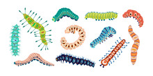 Set Spring And Summer Colorful Caterpillars. Pretty Caterpillars Different Silhouette On White Background. For Festive Card, Banner, Children, Pattern, Tattoo, Decorative, Concept. Vector Illustration