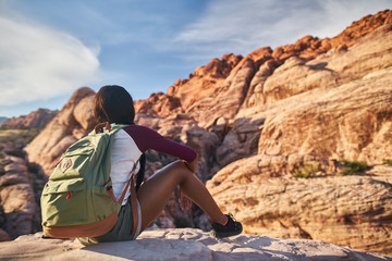 Wall Mural - female hiker looking at view on ledge at red rock canyon