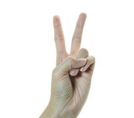 Close up woman hand up with two fingers on isolated white background