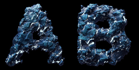 Set of capital letters A, B made of ice isolated on black background. 3d