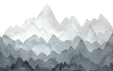 abstract gray hand drawn watercolor landscape with dark and light mist mountains. minimalistic natur