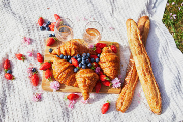 Beautiful picnic with rose wine, French croissants and fresh berries