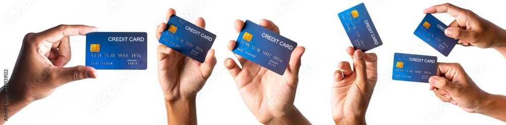 Hand holding credit card isolated on white  - obrazy, fototapety, plakaty 
