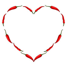 Heart Frame With Red Hot Chili Peppers  On White Background. Vector Image.