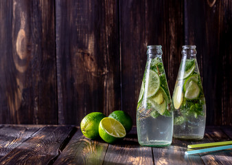 Homemade lemonade with lime, mint and ginger . Cold drinks. Recipes. Veganism. Healthy eating. Diet.