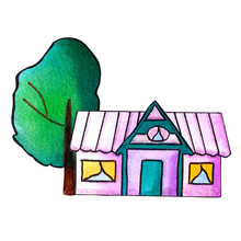 Watercolor Illustration With Purple House And Tree