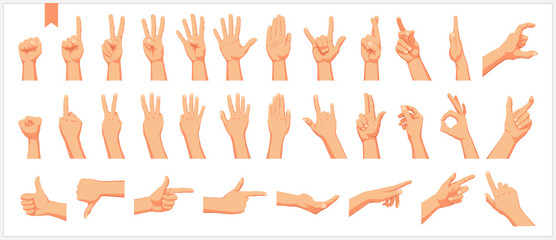 set of realistic human hands, signs and gestures, figures and finger movements isolated vector illus