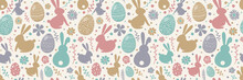 Colourful Pattern With Decorative Eggs, Bunnies And Flowers. Easter Background. Banner. Vector