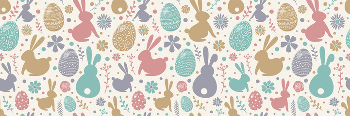 Wall Mural - colourful pattern with decorative eggs, bunnies and flowers. easter background. banner. vector