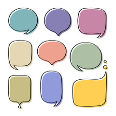 Wall Mural - Set different hand-drawn colorful speech bubble. Talk chat speak message. Empty blank comment. Vector illustration design