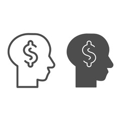 Poster - Dollar in man head line and solid icon. Thoughts about business, planning mind symbol, outline style pictogram on white background. Money sign for mobile concept and web design. Vector graphics.
