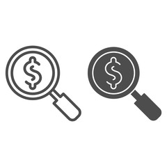 Poster - Magnifier with dollar line and solid icon. Research or looking for cash symbol, outline style pictogram on white background. Money sign for mobile concept and web design. Vector graphics.