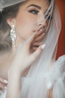Closeup shot of elegant, brunette bride in vintage white dress posing under veil closeup. Bride portrait wedding makeup and hairstyle, fashion bride. Beautiful bride in veil