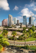 Downtown City Skyline View Of Tampa Florida USA Looking Over The Freeway And The Riverwalk