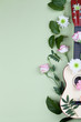 top view of a guitar and rose flowers pattern on vibrant yellow background