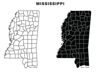 Sticker - Mississippi Counties Map - Blank Map of Mississippi US State Black Silhouette and Outline With County Border / Boundaries Editable Vector Illustration