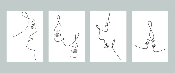 Continuous line abstract drawing of face, fashion minimalist concept, vector illustration. Romantic set of one line posters in minimal trendy style with women and man face portrait