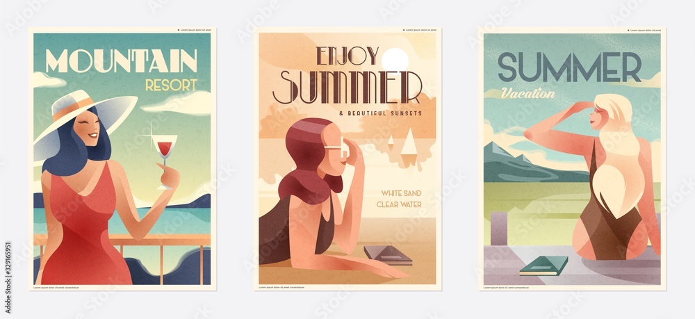 Retro Design Summer Holiday and Summer Camp poster. Girl relaxing on the beach. Vector - obrazy, fototapety, plakaty 