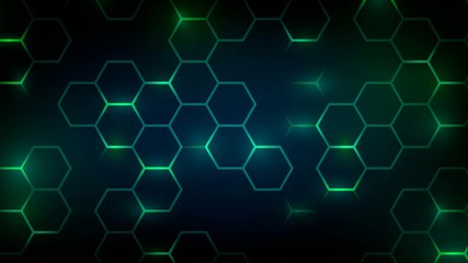 Abstract technology dark background with green luminous hexagons